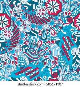 Tracery seamless calming pattern. Mehndi design. Ethnic colorful doodle texture. Curved doodling background. Vector.