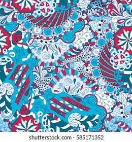 Tracery seamless calming pattern. Mehndi design. Ethnic colorful doodle texture. Curved doodling background. Vector.