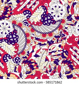 Tracery seamless calming pattern. Mehndi design. Ethnic colorful doodle texture. Curved doodling background. Vector.