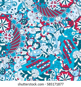 Tracery seamless calming pattern. Mehndi design. Ethnic colorful doodle texture. Curved doodling background. Vector.