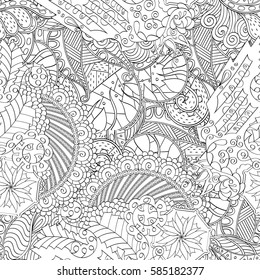 Tracery seamless calming pattern. Mehndi design. Ethnic monochrome binary doodle texture. Curved doodling black and white background. Vector.