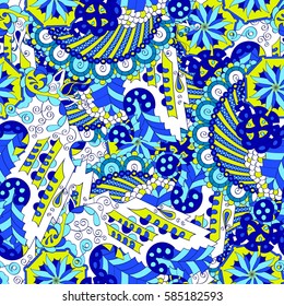 Tracery seamless calming pattern. Mehndi design. Ethnic colorful doodle texture. Curved doodling background. Vector.