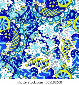 Tracery seamless calming pattern. Mehndi design. Ethnic colorful doodle texture. Curved doodling background. Vector.