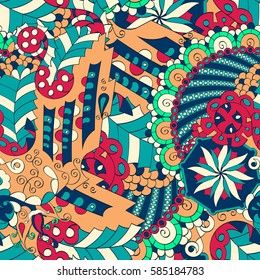 Tracery seamless calming pattern. Mehndi design. Ethnic colorful doodle texture. Curved doodling background. Vector.