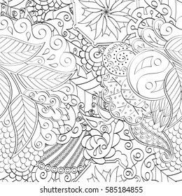 Tracery seamless calming pattern. Mehndi design. Ethnic monochrome binary doodle texture. Curved doodling black and white background. Vector.