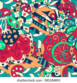 Tracery seamless calming pattern. Mehndi design. Ethnic colorful doodle texture. Curved doodling background. Vector.