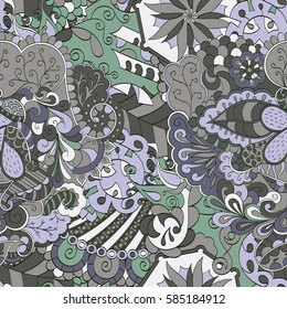 Tracery seamless calming pattern. Mehndi design. Ethnic colorful doodle texture. Curved doodling background. Vector.