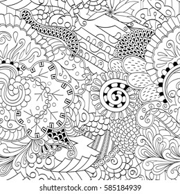 Tracery seamless calming pattern. Mehndi design. Ethnic monochrome binary doodle texture. Curved doodling black and white background. Vector.