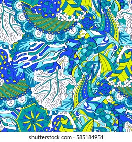 Tracery seamless calming pattern. Mehndi design. Ethnic colorful doodle texture. Curved doodling background. Vector.