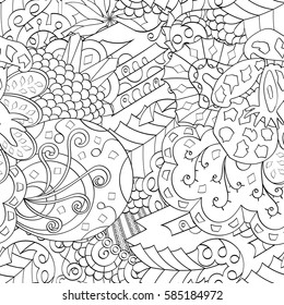 Tracery seamless calming pattern. Mehndi design. Ethnic monochrome binary doodle texture. Curved doodling black and white background. Vector.