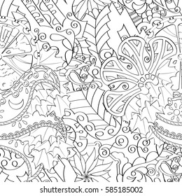 Tracery seamless calming pattern. Mehndi design. Ethnic monochrome binary doodle texture. Curved doodling black and white background. Vector.