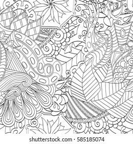 Tracery seamless calming pattern. Mehndi design. Ethnic monochrome binary doodle texture. Curved doodling black and white background. Vector.
