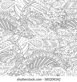 Tracery seamless calming pattern. Mehndi design. Ethnic monochrome binary doodle texture. Curved doodling black and white background. Vector.