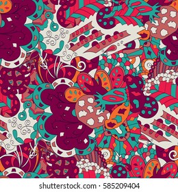 Tracery seamless calming pattern. Mehndi design. Ethnic colorful doodle texture. Curved doodling background. Vector.