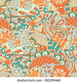 Tracery seamless calming pattern. Mehndi design. Ethnic colorful doodle texture. Curved doodling background. Vector.