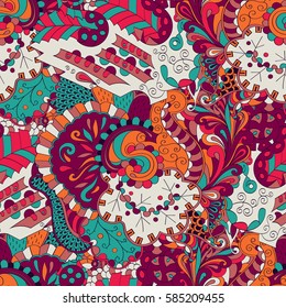 Tracery seamless calming pattern. Mehndi design. Ethnic colorful doodle texture. Curved doodling background. Vector.