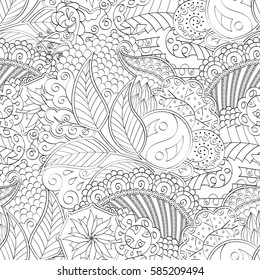 Tracery seamless calming pattern. Mehndi design. Ethnic monochrome binary doodle texture. Curved doodling black and white background. Vector.