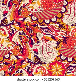Tracery seamless calming pattern. Mehndi design. Ethnic colorful doodle texture. Curved doodling background. Vector.