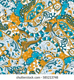 Tracery seamless calming pattern. Mehndi design. Ethnic colorful doodle texture. Curved doodling background. Vector.