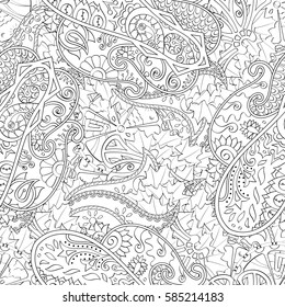 Tracery seamless calming pattern. Mehndi design. Ethnic monochrome binary doodle texture. Curved doodling black and white background. Vector.