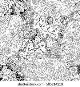 Tracery seamless calming pattern. Mehndi design. Ethnic monochrome binary doodle texture. Curved doodling black and white background. Vector.