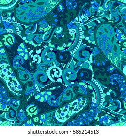 Tracery seamless calming pattern. Mehndi design. Ethnic colorful doodle texture. Curved doodling background. Vector.