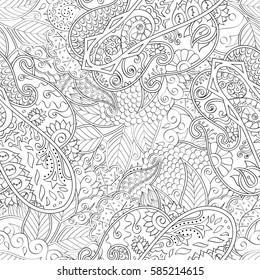 Tracery seamless calming pattern. Mehndi design. Ethnic monochrome binary doodle texture. Curved doodling black and white background. Vector.