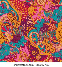 Tracery seamless calming pattern. Mehndi design. Ethnic colorful doodle texture. Curved doodling background. Vector.