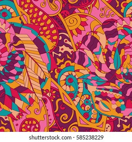 Tracery seamless calming pattern. Mehndi design. Ethnic colorful doodle texture. Curved doodling background. Vector.