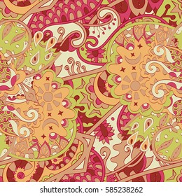 Tracery seamless calming pattern. Mehndi design. Ethnic colorful doodle texture. Curved doodling background. Vector.