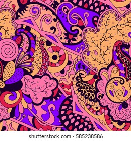 Tracery seamless calming pattern. Mehndi design. Ethnic colorful doodle texture. Curved doodling background. Vector.