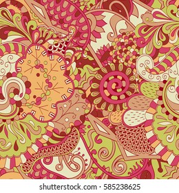 Tracery seamless calming pattern. Mehndi design. Ethnic colorful doodle texture. Curved doodling background. Vector.