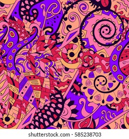 Tracery seamless calming pattern. Mehndi design. Ethnic colorful doodle texture. Curved doodling background. Vector.