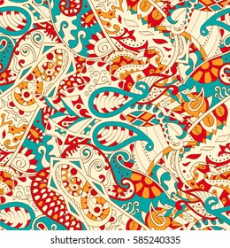 Tracery seamless calming pattern. Mehndi design. Ethnic colorful doodle texture. Curved doodling background. Vector.