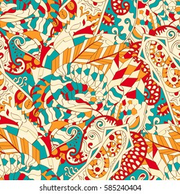 Tracery seamless calming pattern. Mehndi design. Ethnic colorful doodle texture. Curved doodling background. Vector.