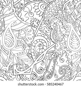 Tracery seamless calming pattern. Mehndi design. Ethnic monochrome binary doodle texture. Curved doodling black and white background. Vector.