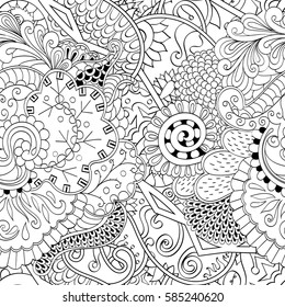 Tracery seamless calming pattern. Mehndi design. Ethnic monochrome binary doodle texture. Curved doodling black and white background. Vector.