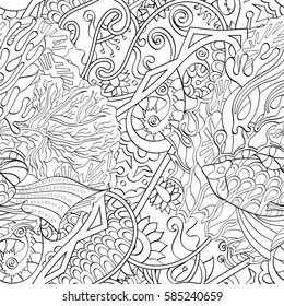 Tracery seamless calming pattern. Mehndi design. Ethnic monochrome binary doodle texture. Curved doodling black and white background. Vector.