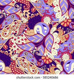 Tracery seamless calming pattern. Mehndi design. Ethnic colorful doodle texture. Curved doodling background. Vector.