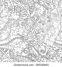Tracery seamless calming pattern. Mehndi design. Ethnic monochrome binary doodle texture. Curved doodling black and white background. Vector.