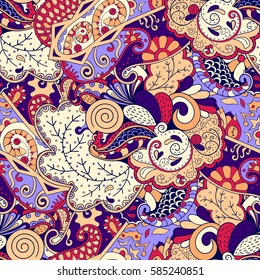 Tracery seamless calming pattern. Mehndi design. Ethnic colorful doodle texture. Curved doodling background. Vector.