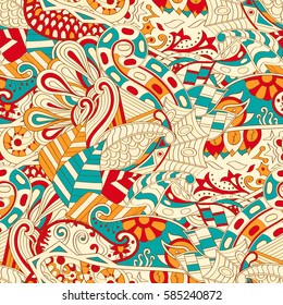 Tracery seamless calming pattern. Mehndi design. Ethnic colorful doodle texture. Curved doodling background. Vector.