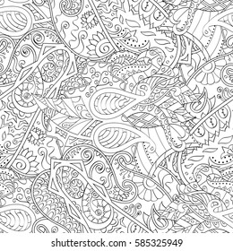 Tracery seamless calming pattern. Mehndi design. Ethnic monochrome binary doodle texture. Curved doodling black and white background. Vector.