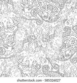 Tracery seamless calming pattern. Mehndi design. Ethnic monochrome binary doodle texture. Curved doodling black and white background. Vector.
