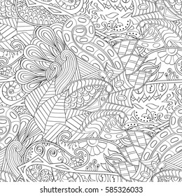 Tracery seamless calming pattern. Mehndi design. Ethnic monochrome binary doodle texture. Curved doodling black and white background. Vector.