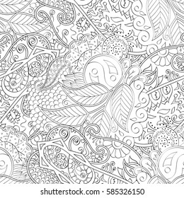 Tracery seamless calming pattern. Mehndi design. Ethnic monochrome binary doodle texture. Curved doodling black and white background. Vector.
