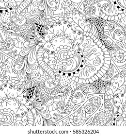 Tracery seamless calming pattern. Mehndi design. Ethnic monochrome binary doodle texture. Curved doodling black and white background. Vector.