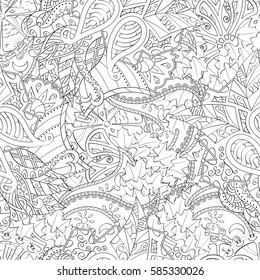 Tracery seamless calming pattern. Mehndi design. Ethnic monochrome binary doodle texture. Curved doodling black and white background. Vector.