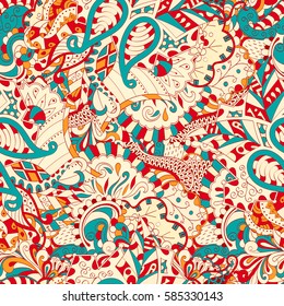 Tracery seamless calming pattern. Mehndi design. Ethnic colorful doodle texture. Curved doodling background. Vector.