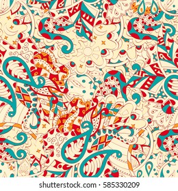 Tracery seamless calming pattern. Mehndi design. Ethnic colorful doodle texture. Curved doodling background. Vector.
